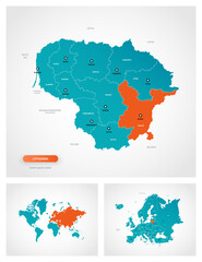 Editable template of map of Lithuania with marks. Lithuania on world map and on Europe map.