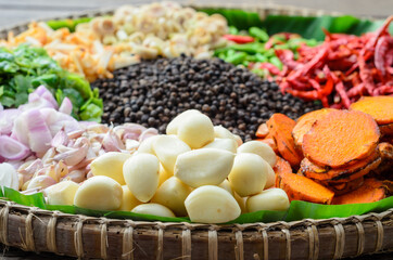 Set of various spices and herbs. Pepper, turmelic, ginger, saffron, basil, rosemary, chilly, cardamom, cinnamon, anise. Top view with copy space.