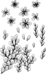Black & white set with cute flower ornament, hand drawn line art. Good for card, poster, print, adult coloring book