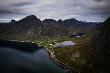 Norway Lofoten Islands Tromso mountain landscape cityscape aerial view scene