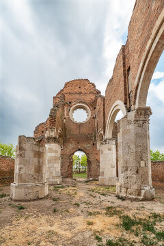 Novi Becej, Serbia - May 25, 2020: Arača (Hungarian: Aracs) is a medieval Romanesque church ruin located about 12 km of Novi Bečej, Serbia. It was built around 1230 during of the Kingdom of Hungary.