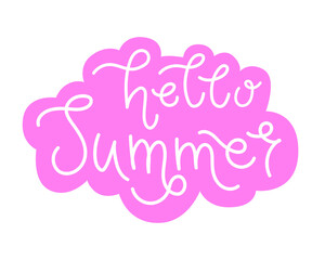 Hello summer handwritten seasonal lettering template. Vector phrase isolated on pink background. Modern typography design for sticker, card, poster, web, banner, print.