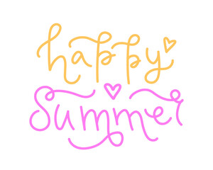 Happy summer handwritten vector lettering. Typographic inscription isolated on white background. Creative design for card, t-shirt, web banner, social media or print.