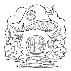 Fairy house mushroom. The home is fabulous creatures. Vector mushroom with windows for coloring book. Isolated vector on a white background.
