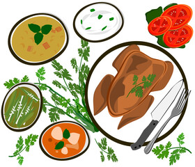 Set meal,  grilled chicken, curry, with knives and forks for dinner and lunch,