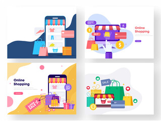 Online Shopping App in Smartphone and Desktop, Carry Bags, Payment Card, Gift Boxes with Sale Tag on Abstract Background.