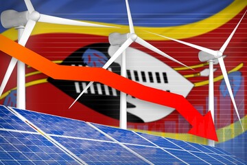 Swaziland solar and wind energy lowering chart, arrow down - environmental natural energy industrial illustration. 3D Illustration