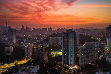 Fototapeta premium Hong Kong Aerial sunset sunrise cityscape landscape view scene