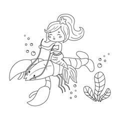 Coloring book for kids. Cute kawaii mermaid ride on lobster. Creative page for girls. Vector cartoon characters.