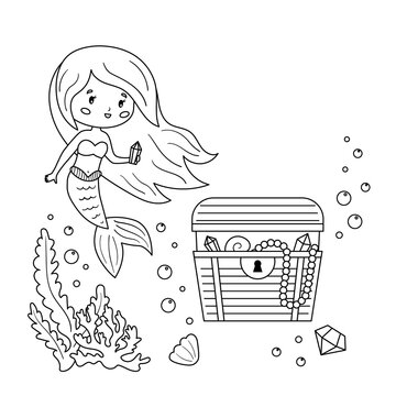 Coloring page for children. Cute cartoon mermaid with underwater treasure chest. Vector kawaii character.