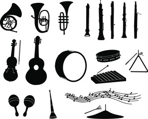 Set of musical instruments, black silhouettes vector ilustration