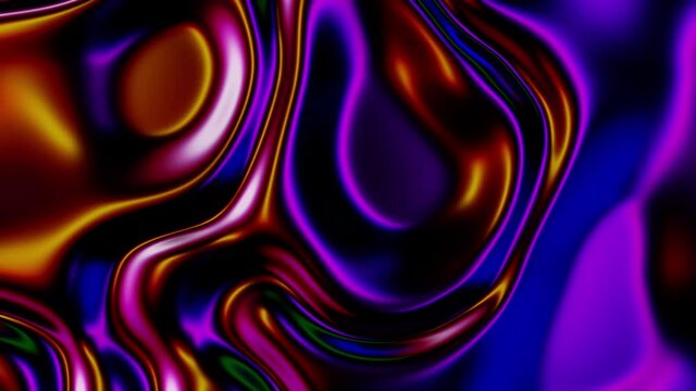 Abstract reflective blue fluid loop animated background, reflective looping wavy foil 3D render oil surface, holographic vibrant loopable texture with ripples.  