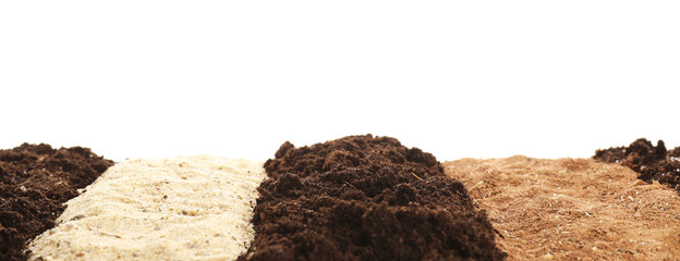 Different types of soil on white background