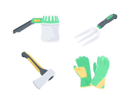 Garden Tools, illustration, icons, set. Fork for gardening,
fruit picker, garden ax, garden gloves