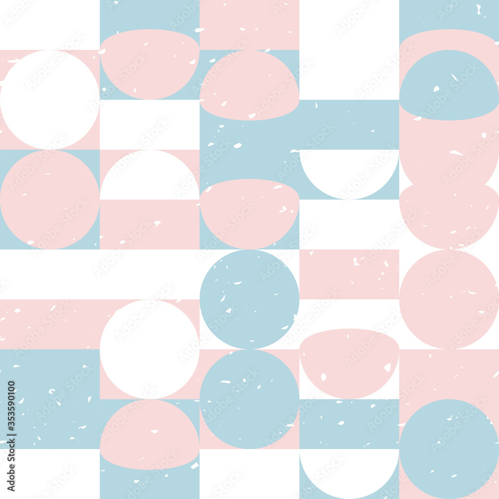 Aufkleber Modern vector abstract seamless geometric pattern with semicircles, squares and circles in retro scandinavian style. Pastel colors shapes with worn out texture on white background.
