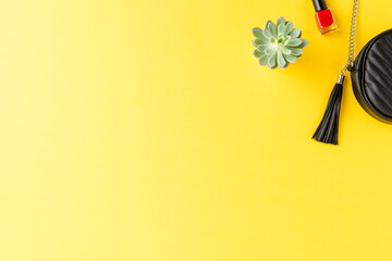 Overhead shot of woman’s purse, nail polish and small flower on background with copyspace. Fashion background. Flat lay