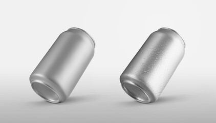 Mockup of small aluminum cans with water drops isolated on a white background.