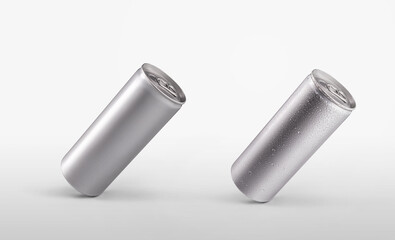 Set of a carbonate bottle with a drink or alcohol, a tin can with water condensate, isolated on background.