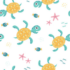 Childish seamless pattern with turtles, fish and starfish.