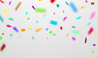 Celebration background template with confetti and colorful ribbons.