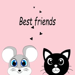 cute cat with mouse vector illustration, animal friendship