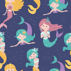 Obraz na płótnie Canvas Childish seamless pattern with mermaids.