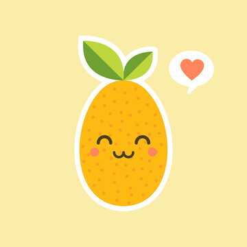 recommend clip art: Cartoon character design. Oval kumquat with green leaf. cute and kawaii Fruit Flat vector illustration isolated on color background
