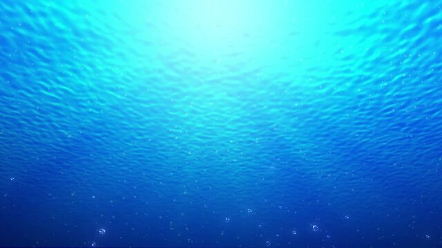 Under water abstract blue sea or ocean background with cute bubbles going up from below and sun beams - 4K UHD 60 FPS 3D animation