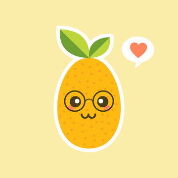 recommend clip art: Cartoon character design. Oval kumquat with green leaf. cute and kawaii Fruit Flat vector illustration isolated on color background