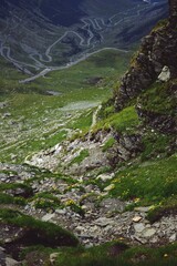 asphalt road crossing rocky mountains in spring season