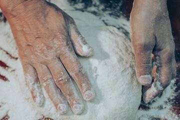 hand of a woman. Hands knead the dough