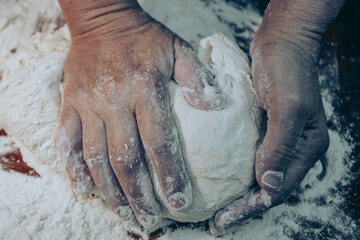 Hands knead the dough