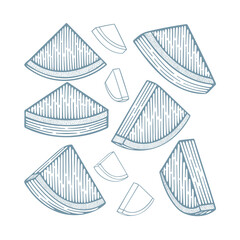 Watermelon pieces abstract drawing. Watermelon slices isometric hand drawn vector illustrations collection. Part of set.