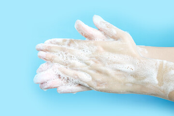 Fototapeta premium Hand washing, position 1, palms rub together to create bubbles