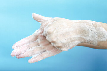 Fototapeta premium Hand washing posture, finger rub, palm