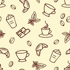 Simple vector seamless pattern. Brown outline of coffee elements on a light beige background. For packaging, products, barista.