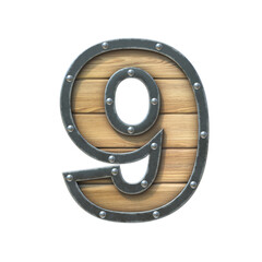 Naklejka premium Font made of wooden board with metal frame and rivets, 3d rendering number 9