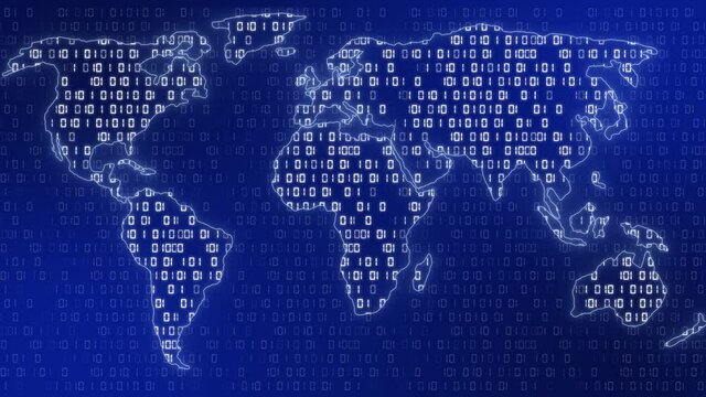 Digital world map on blue background with graphic elements of binary code - changing lightness in a seamless loop