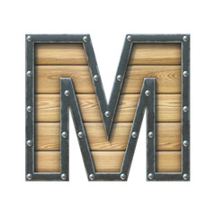 Font made of wooden board with metal frame and rivets, 3d rendering letter M