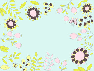 A simple illustration of blue background with flowers, twigs with leaves and butterflies
