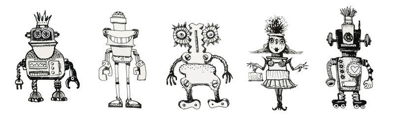 Robots. Vintage toys. Ink drawing.	