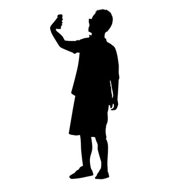 Illustration of a man's silhouette taking selfie with smartphone isolated on white background