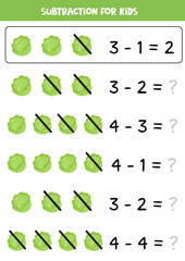 Subtraction for kids with cute cartoon cabbages.