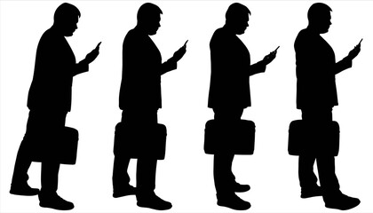 Businessman with a briefcase and a phone in hands. Man in a business suit in motion. Four silhouettes, change of legs, steps. Queue of office workers. Four male black silhouettes isolated on a white.