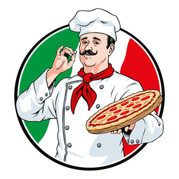 Italian chef with a pizza. Pizzaiolo vector illustration.