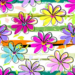 Materiał do szycia floral seamless pattern background, with stripes, paint strokes and splashes