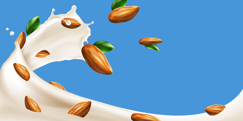 Naklejka premium Almond Milk or yogurt swirl with beans on blue background, milk splashing realistic illustration ready for ads, labels and packaging desing uses. Bitmap copy