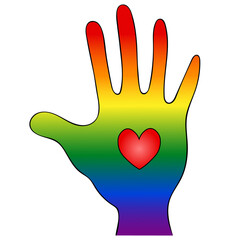 Obraz premium Palm and heart. Symbolism of the LGBT Rainbow Flag. Vector illustration. Hand on an isolated white background. The personification of pride and openness. International symbol. Idea for web design.