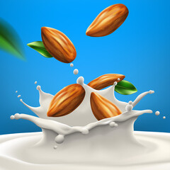Naklejka premium Almond Milk or yogurt swirl with beans on blue background, milk splashing realistic illustration ready for ads, labels and packaging desing uses. Bitmap copy