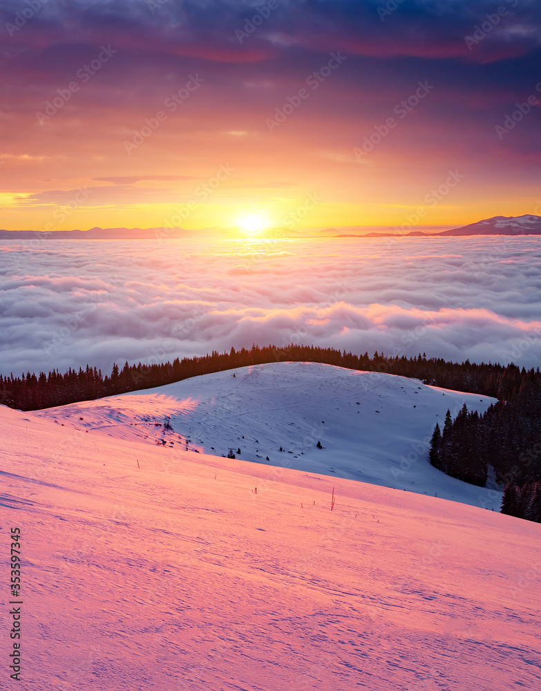Fototapete Fantastic air view of the valley covered with dense fog. Location Carpathian mountain, Ukraine, Europe.